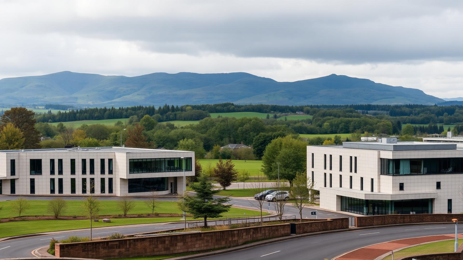 Modern commercial buildings in Cumbernauld with surrounding Lanarkshire hills