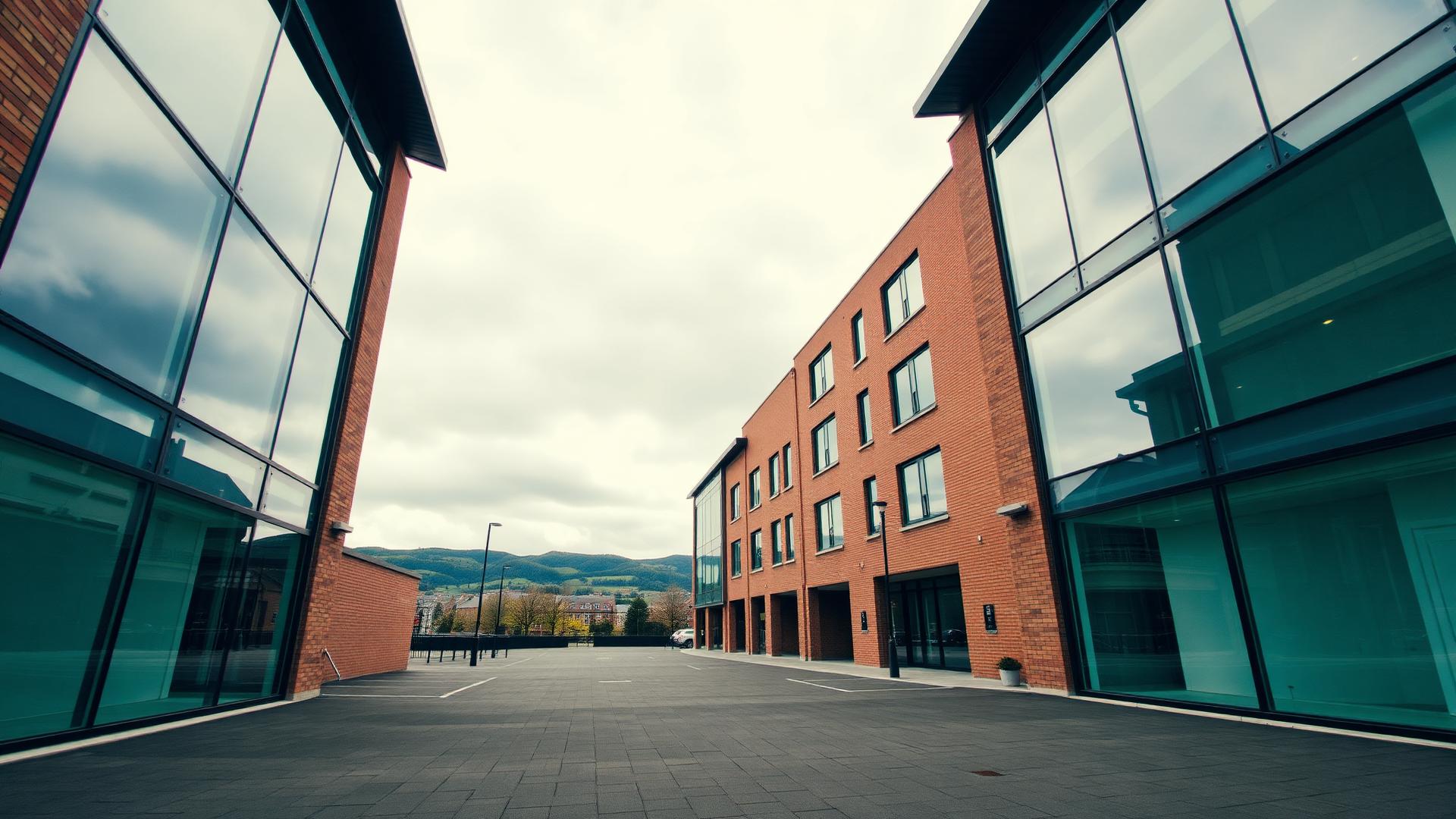 Modern East Kilbride commercial plaza with contemporary glass and brick buildings