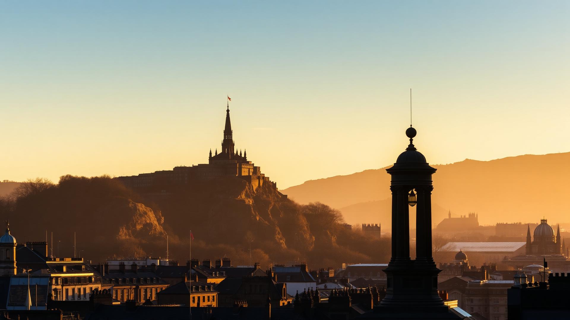 Edinburgh Castle and the Old Town skyline at golden hour, Scotland