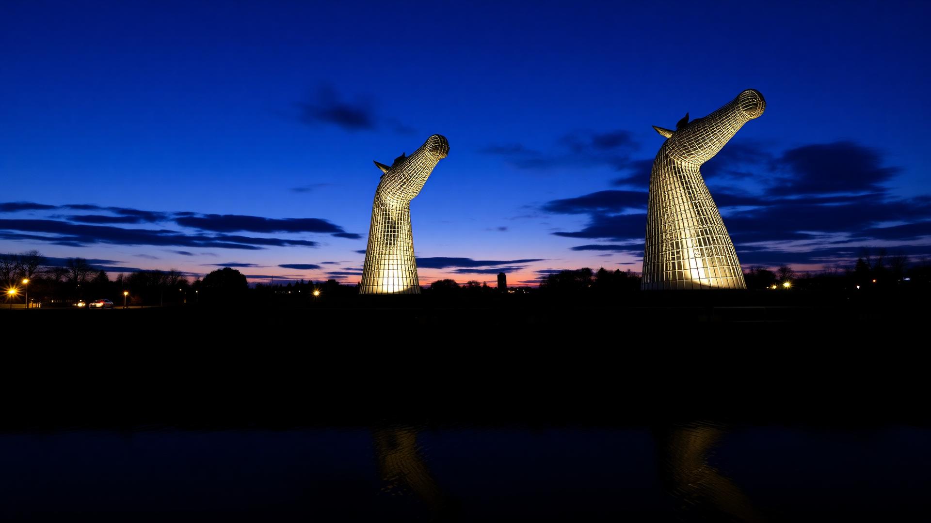 The Kelpies sculptures at twilight beside the Forth and Clyde Canal in Falkirk, Scotland