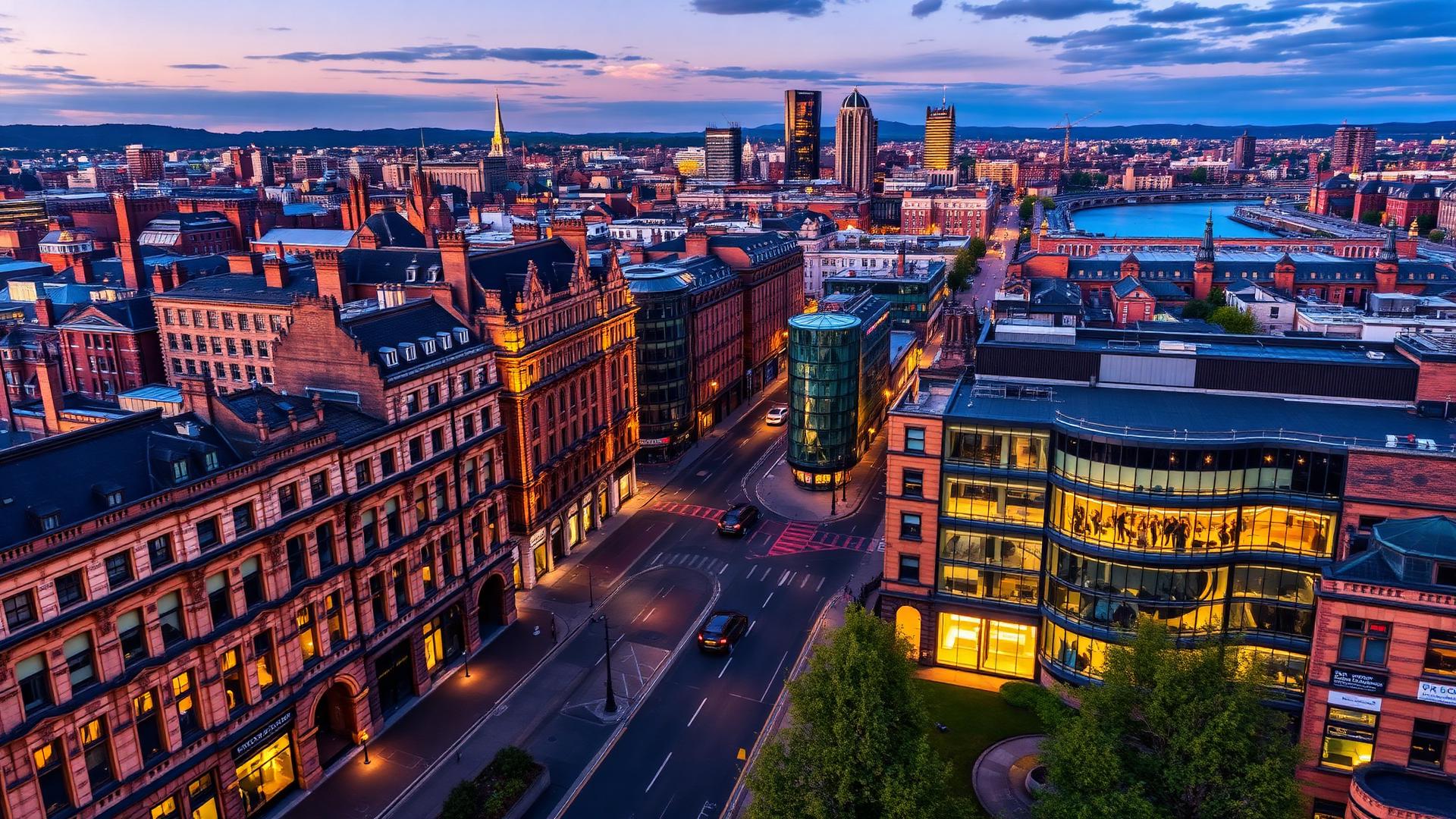 Glasgow city centre commercial district at twilight — Buchanan Street sandstone buildings and modern shopfronts along the Clyde