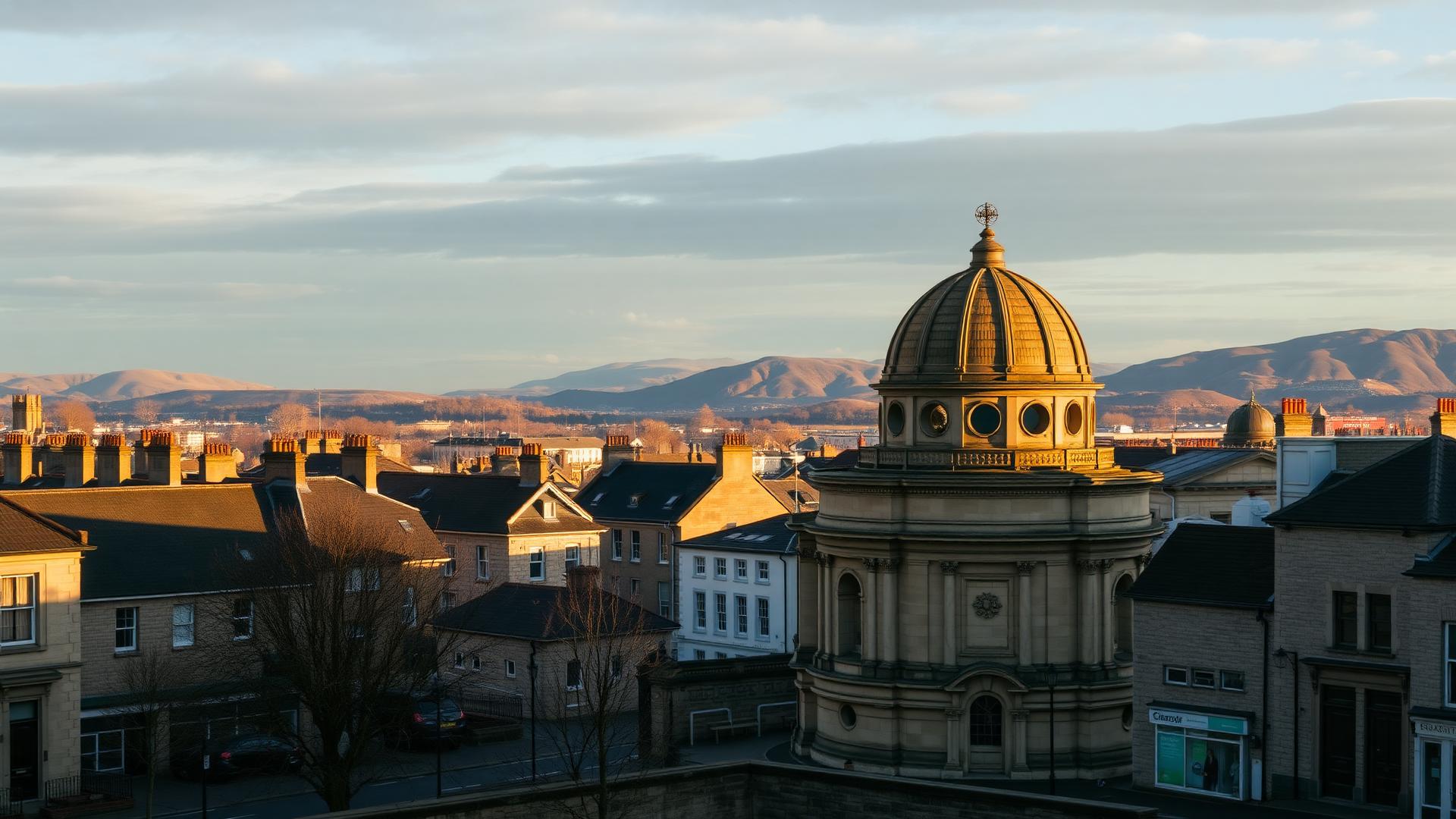 Hamilton townscape with the Hamilton Mausoleum dome and South Lanarkshire hills behind