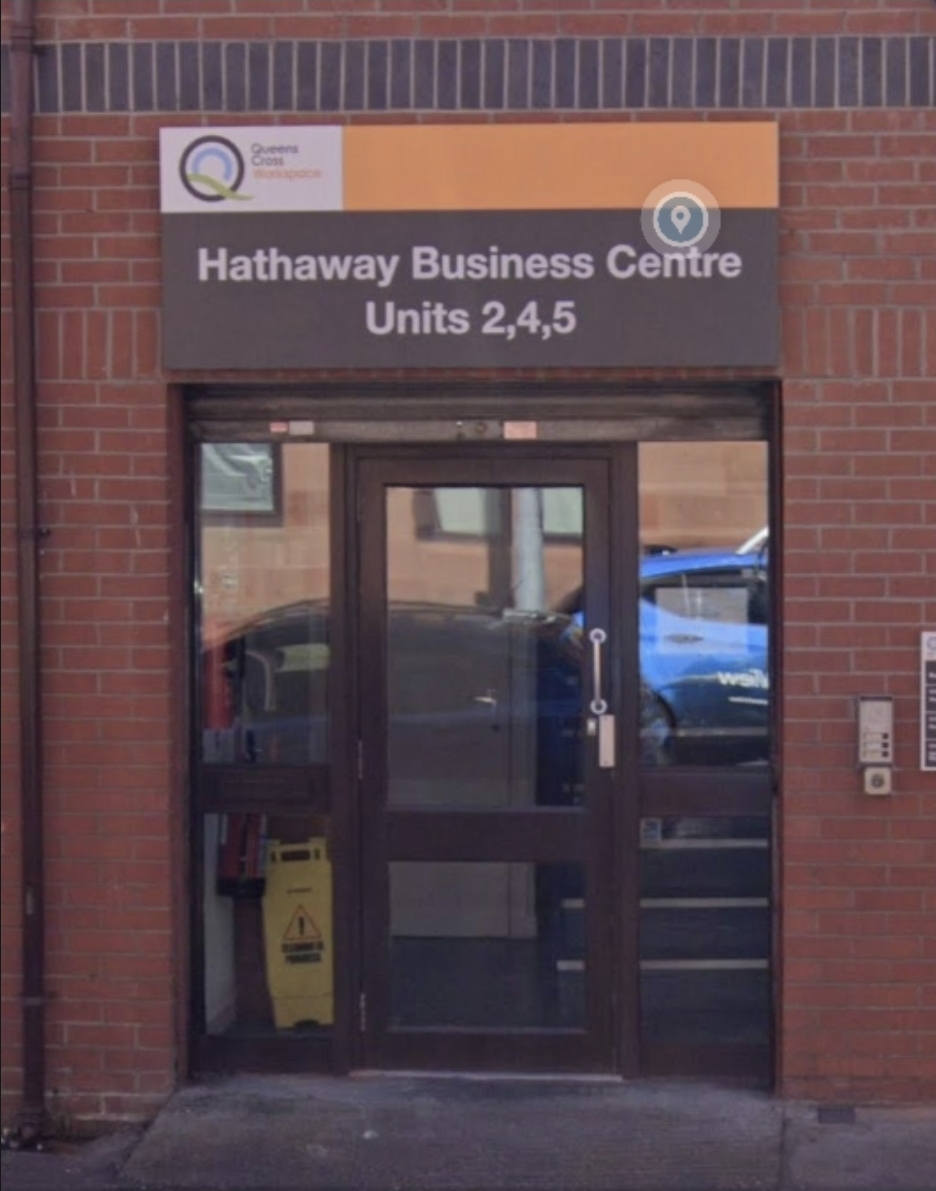 Aluminium-framed glazed entrance door at Hathaway Business Centre, Glasgow