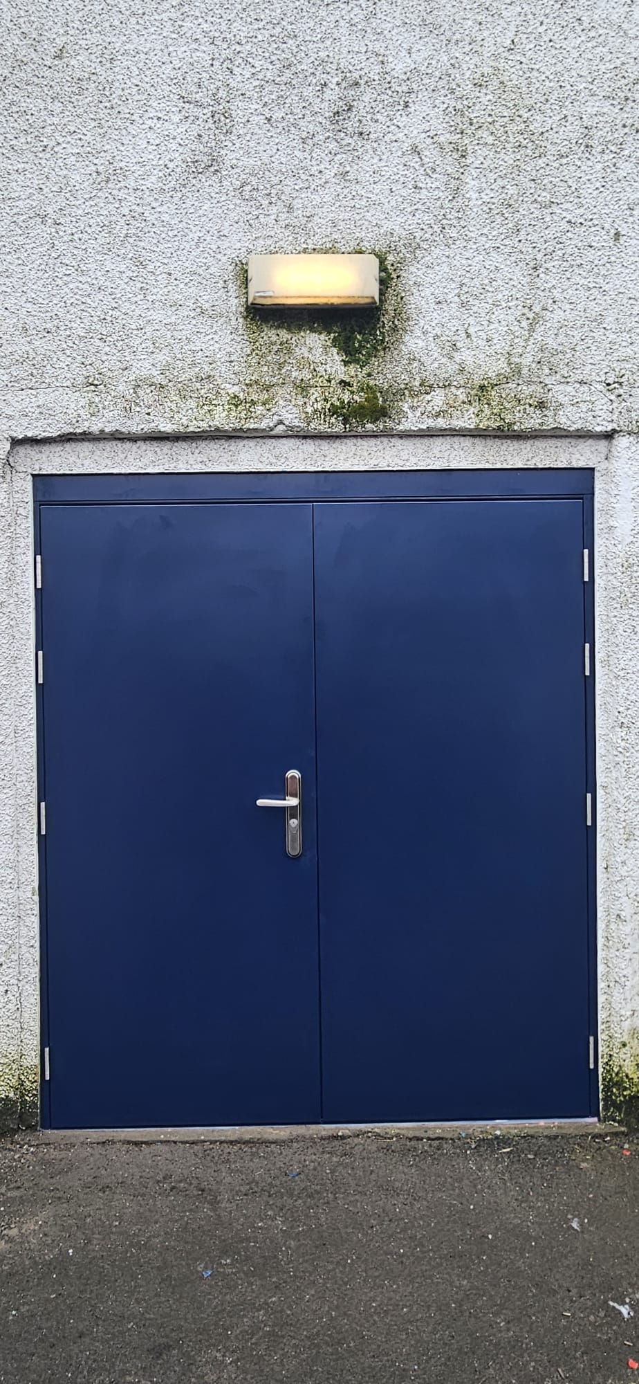 Cobalt-blue steel double fire doors with stainless lever handle, render reveal