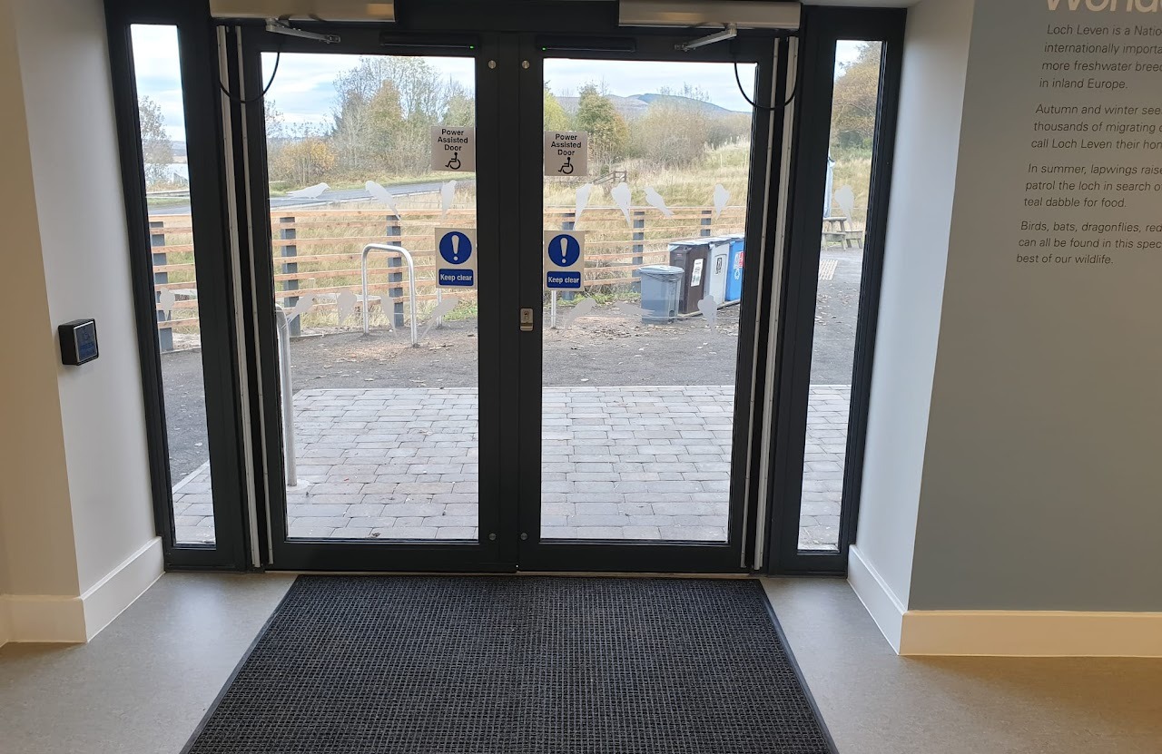 Power-assisted automatic swing entrance doors at visitor centre — RSPB Loch Leven