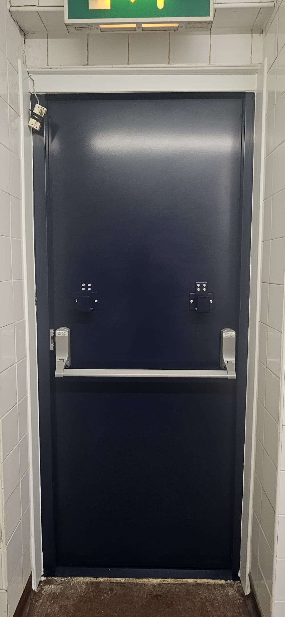 Navy-blue steel double fire doors with twin push bars and ASSA-ABLOY EXIDOR