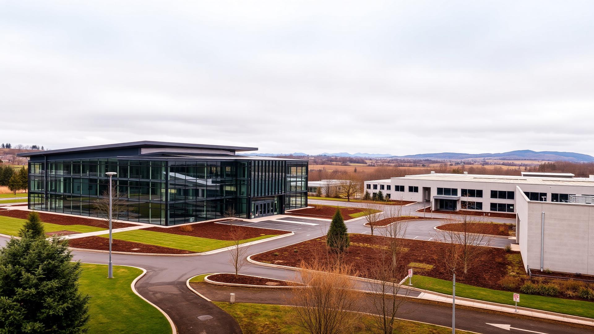 Modern glass-and-steel business park in Livingston, West Lothian