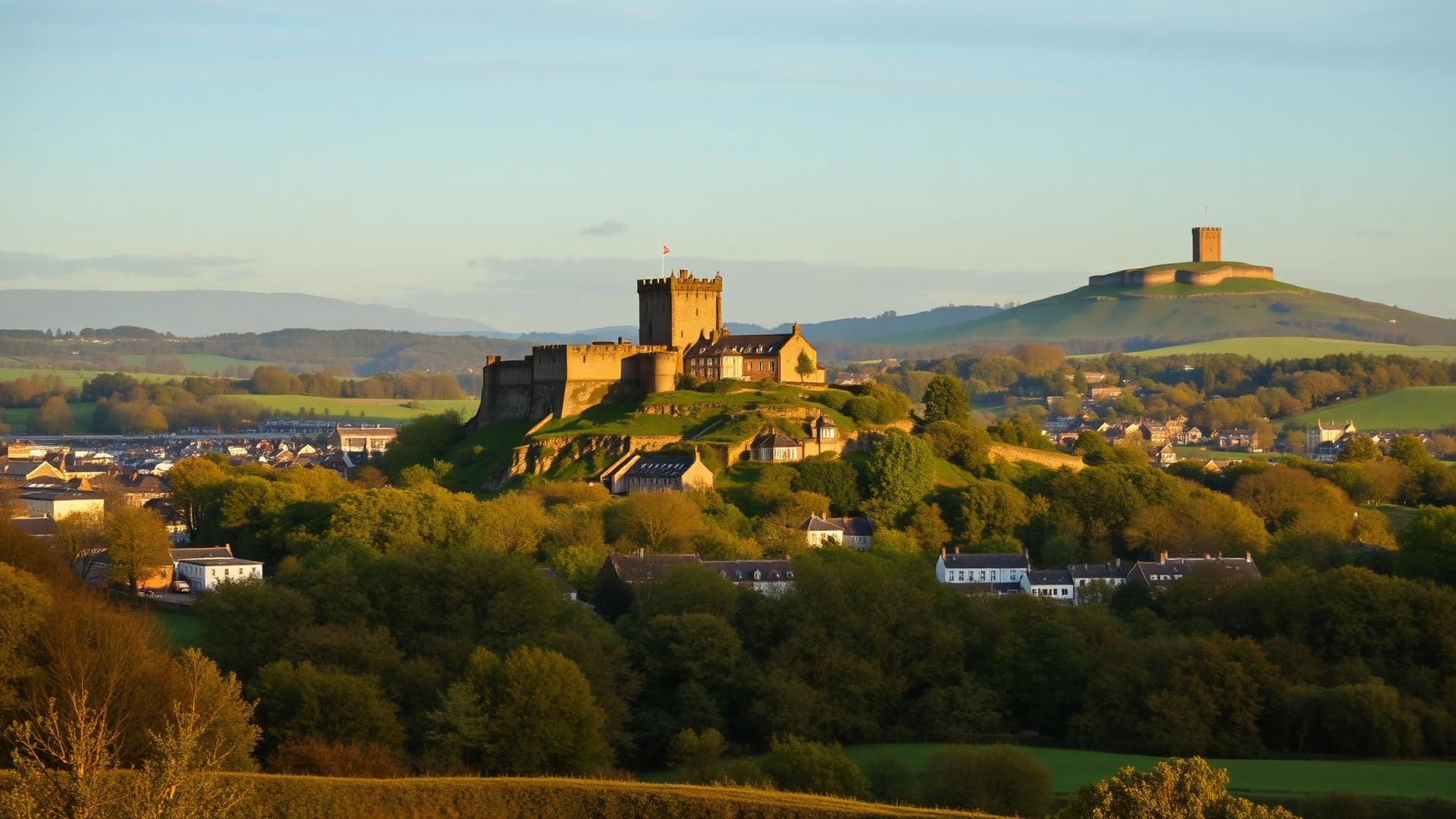 Stirling Castle on its volcanic crag with the Wallace Monument visible in the distance